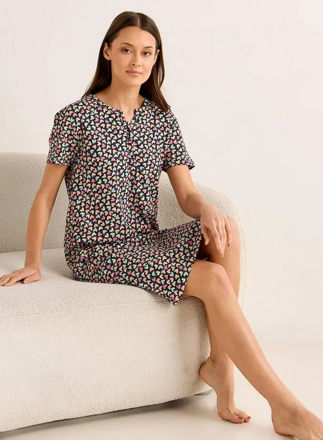 Splash FAV Midi Night Dress Short Sleeves Hearts Print Cotton